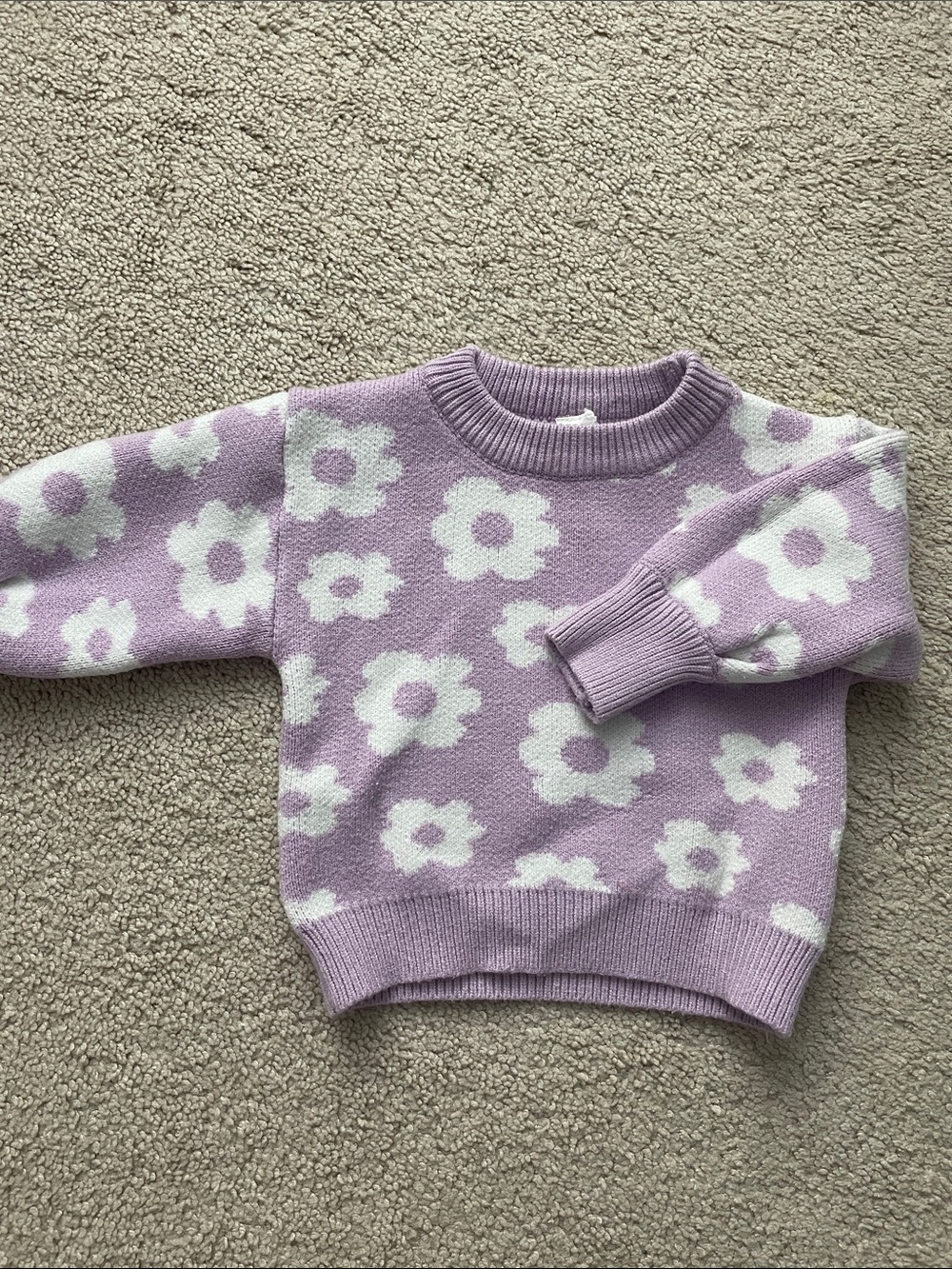 Lavender Floral Knit Sweater - White Flower Pattern